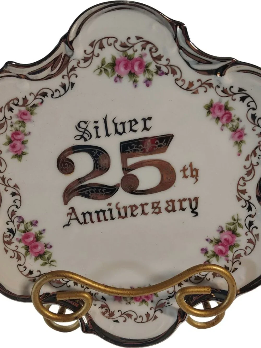 Real Silver & Porcelain 25th Anniversary Decorative Plate & Stand